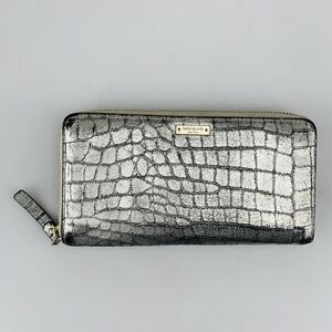 Kate Spade Oxford Street Lacey Wallet Large Zip Around Leather Crocodile Silver